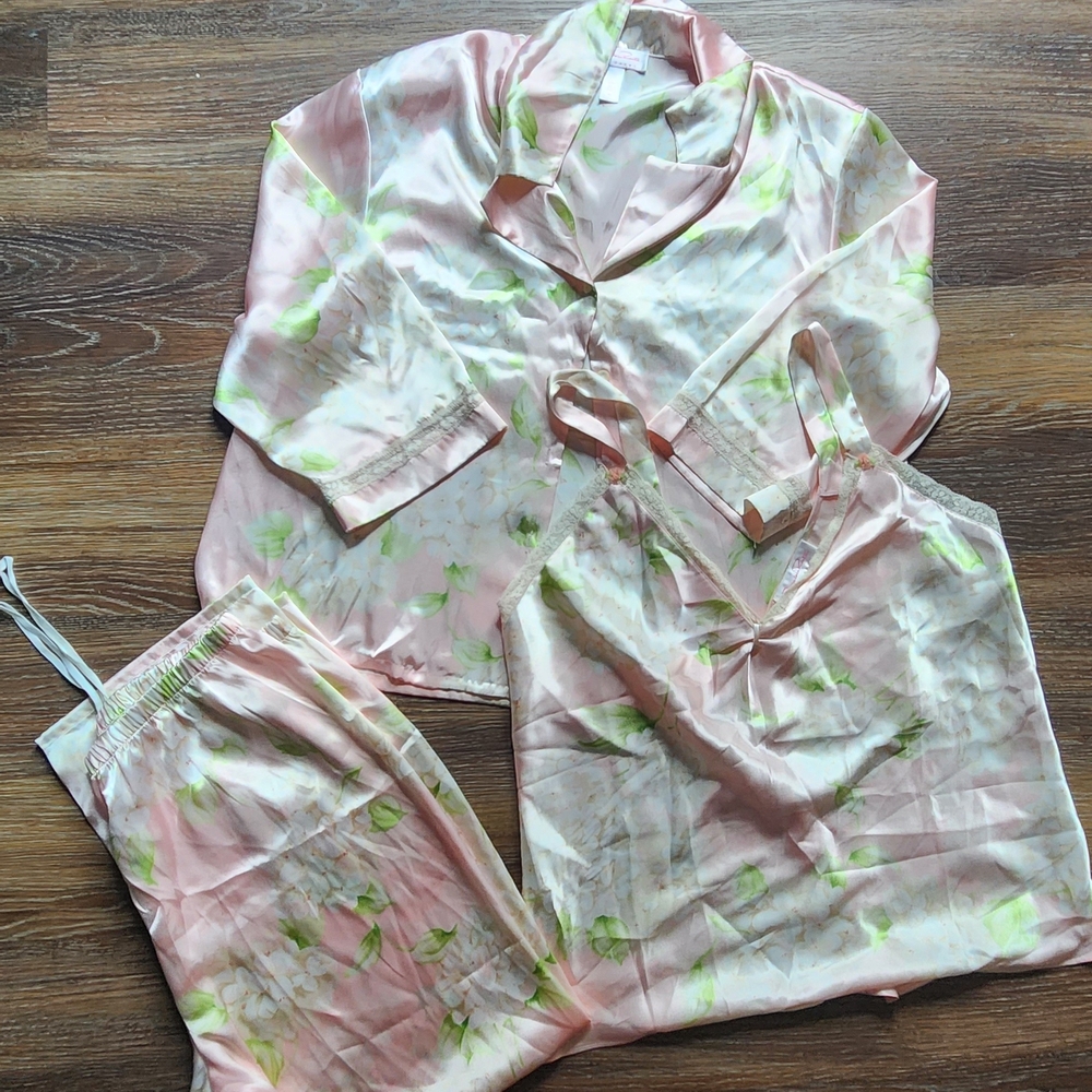 Oscar de la Renta Pink Label 3- Piece Pajama Set XL Floral Romantic Honeymoon